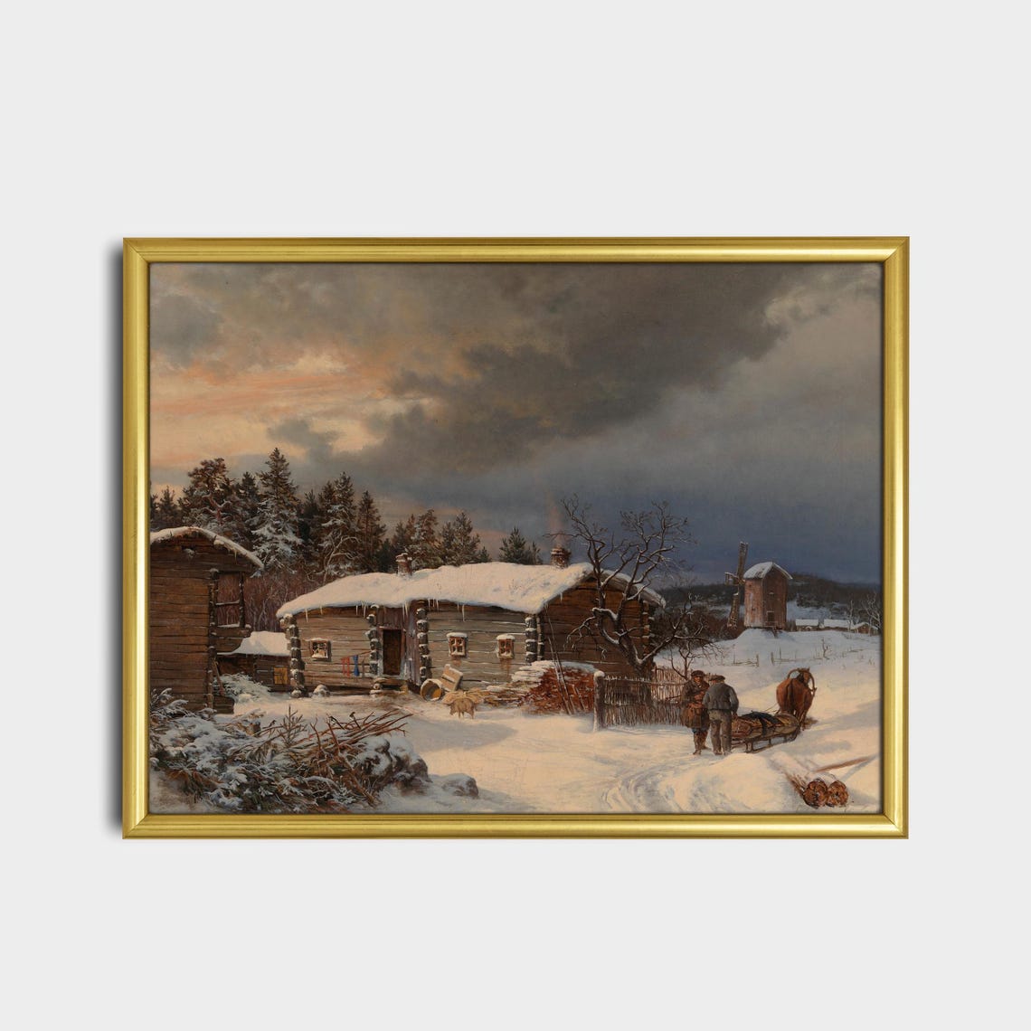 Snowy Log Cabin Farmstead at Dusk Winter Homestead Art Poster - Image 2