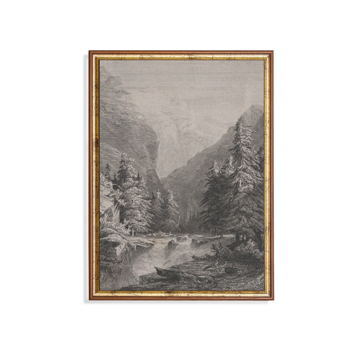 Vintage Nature Drawing Antique Landscape Sketch Moody Rustic Forest Print Wall Art Farmhouse Decor