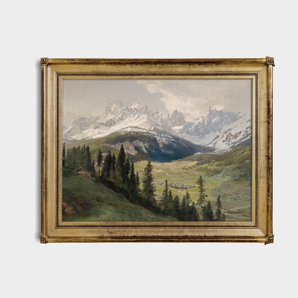 Snow-Capped Alpine Valley with Tall Pine Forest Vintage Nature Poster - Image 4