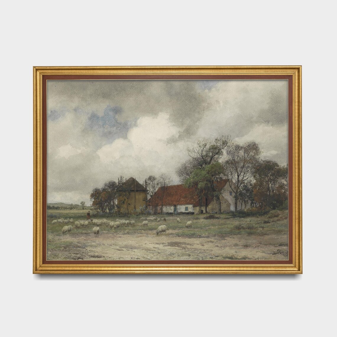 Flock of Sheep with Shepherd near Farmhouses Watercolor Poster - Image 5
