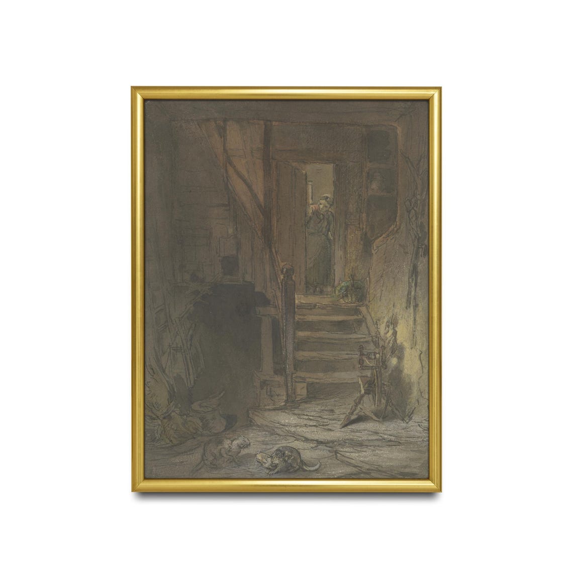 Two Cats In A Dark Old Farmhouse Interior Vintage Sketch Poster - Image 2