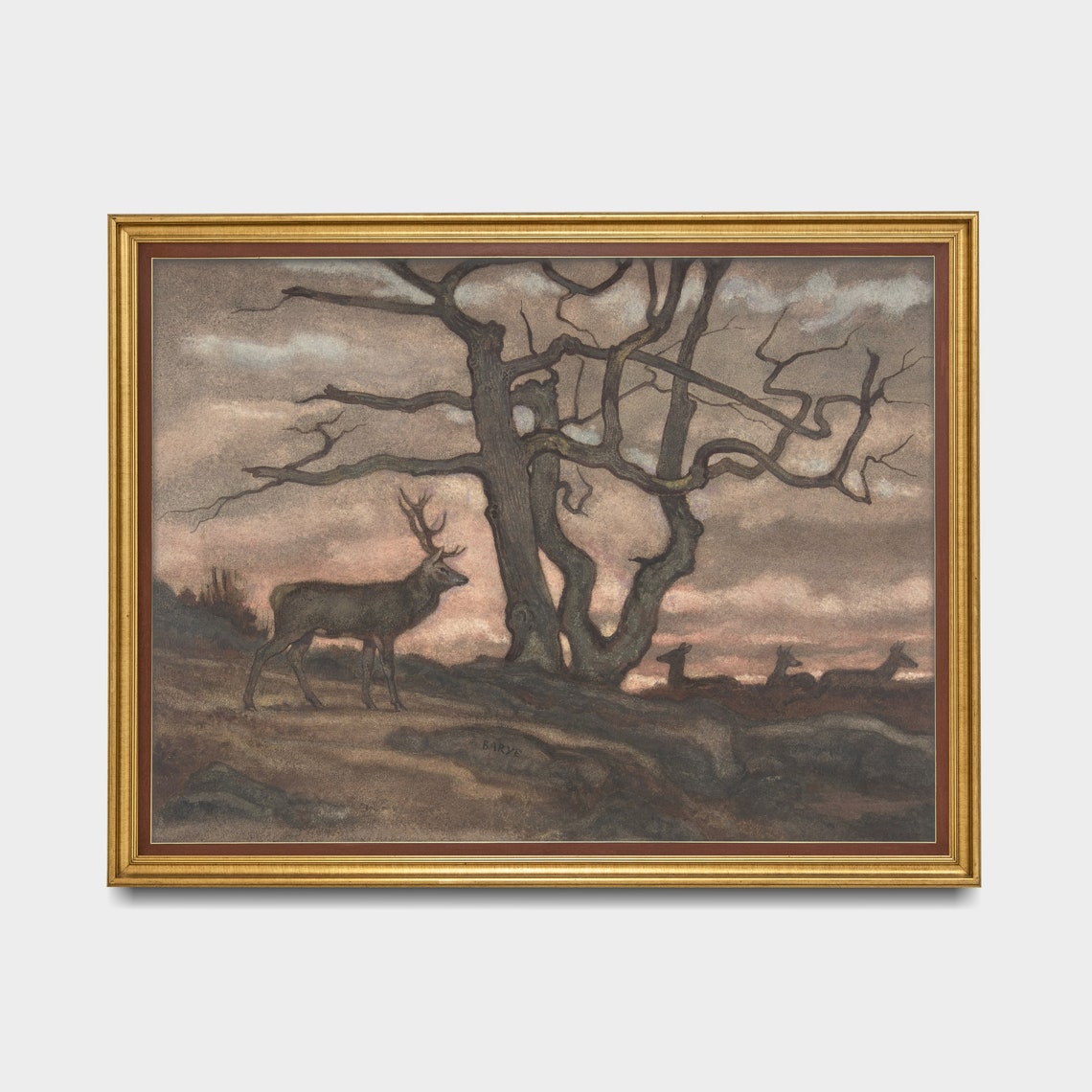 Stag By Gnarled Tree At Dusk Vintage Rustic Deer Painting Poster - Image 4