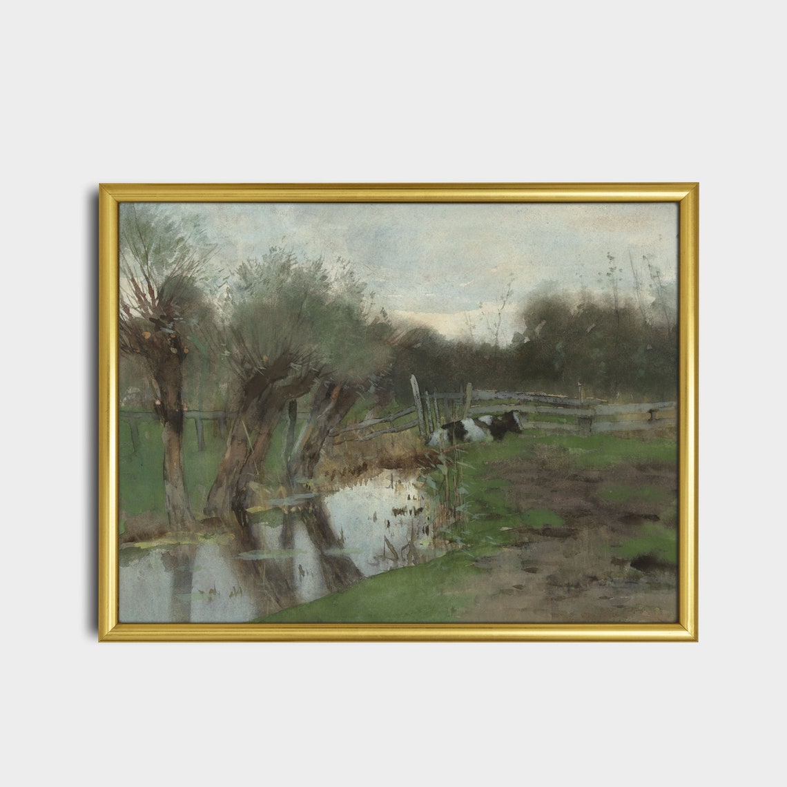 Cow By Willow Lined Stream Vintage Dutch Meadow Painting Poster - Image 5