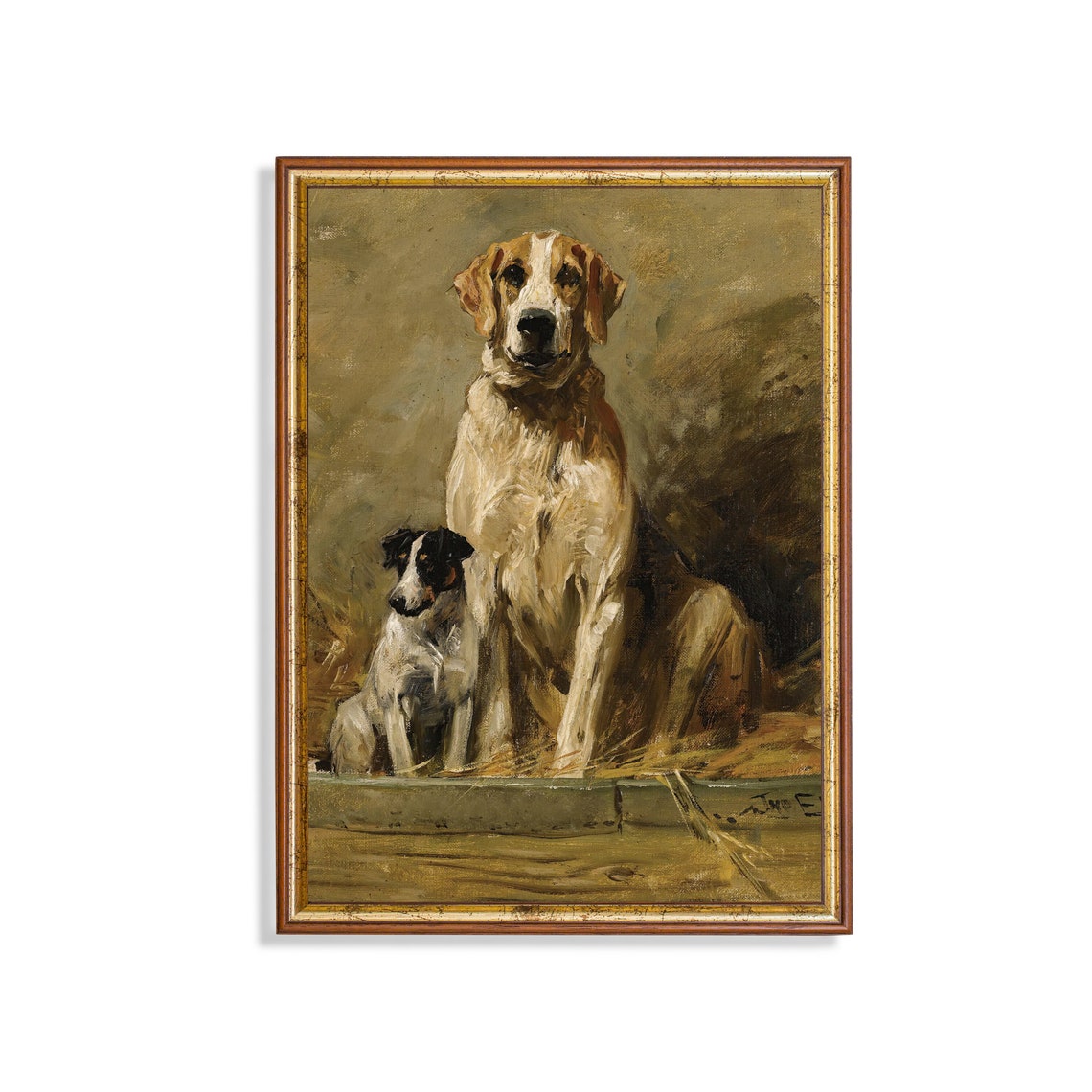 Large Hound and Small Terrier Antique Dog Painting Portrait Poster