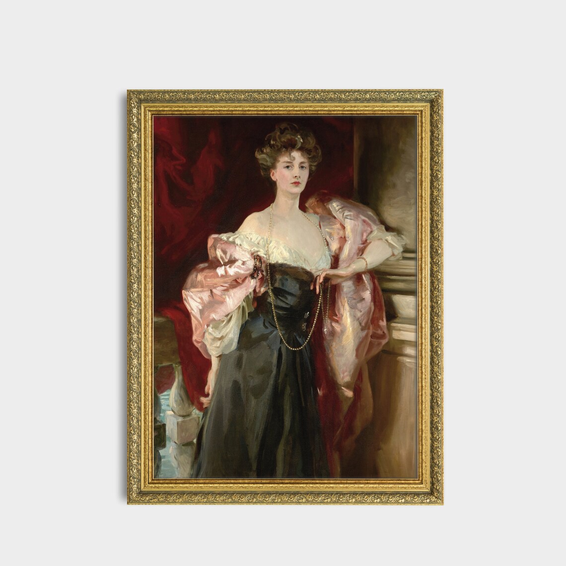Elegant Woman In Black Dress With Pink Shawl And Pearls Portrait Poster - Image 3