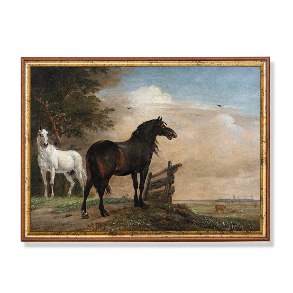 Dark Bay and White Horses Vintage Meadow Equestrian Painting Poster
