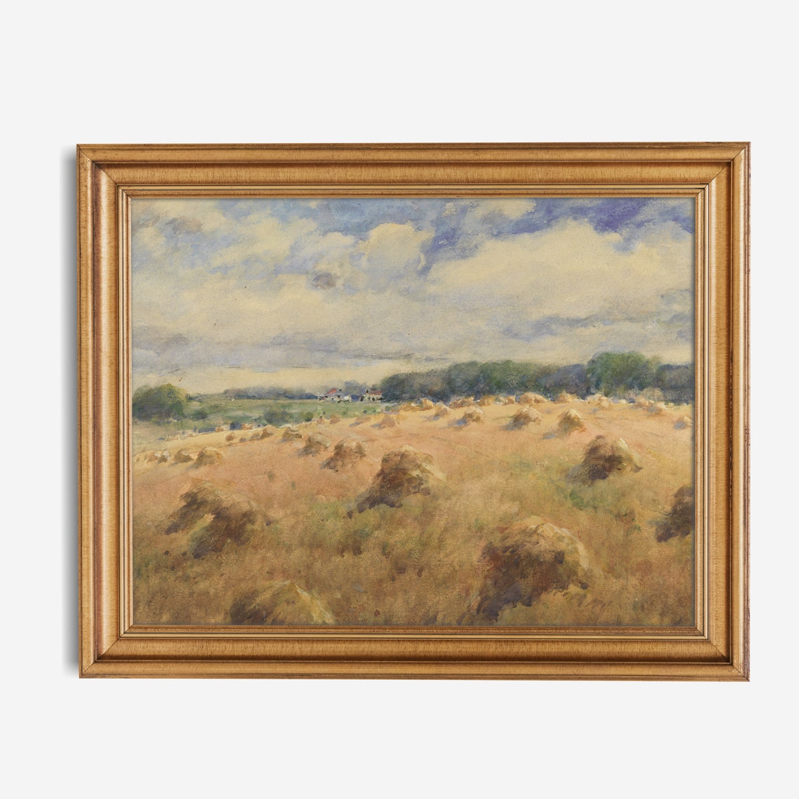 Haystacks in Golden Wheat Field under Cloudy Sky Vintage Farm Poster - Image 2