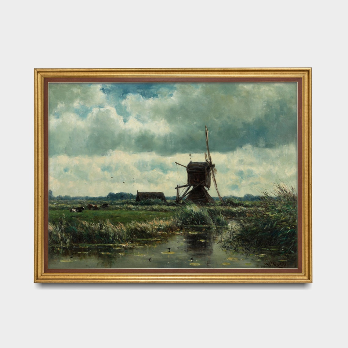 Windmill by a Reedy River with Cows Grazing in the Meadow Poster - Image 3