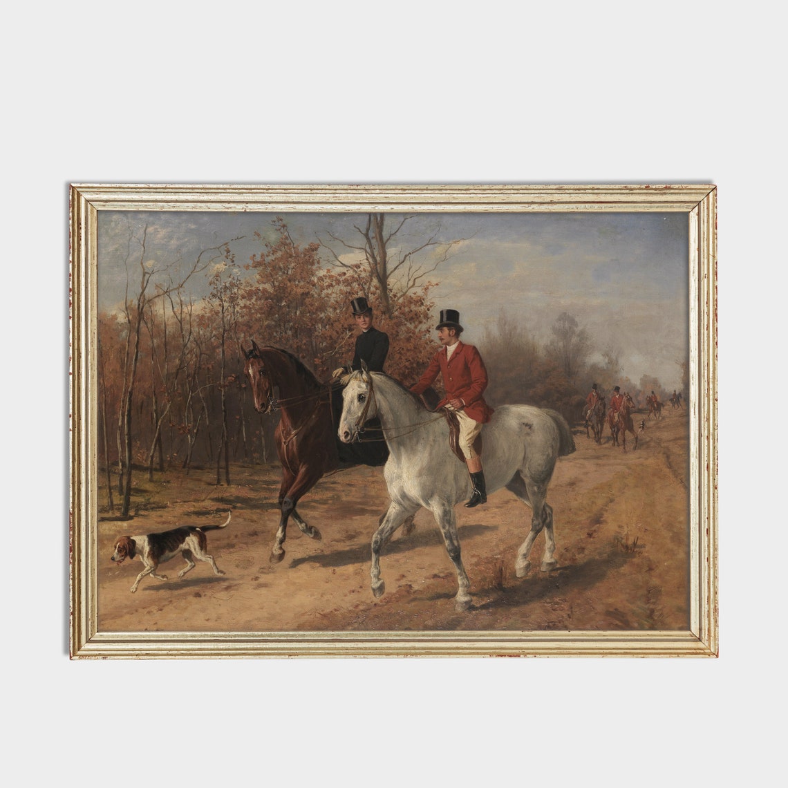 Fox Hunt Riders on Bay and Grey Horses in Autumn Woods Poster - Image 2