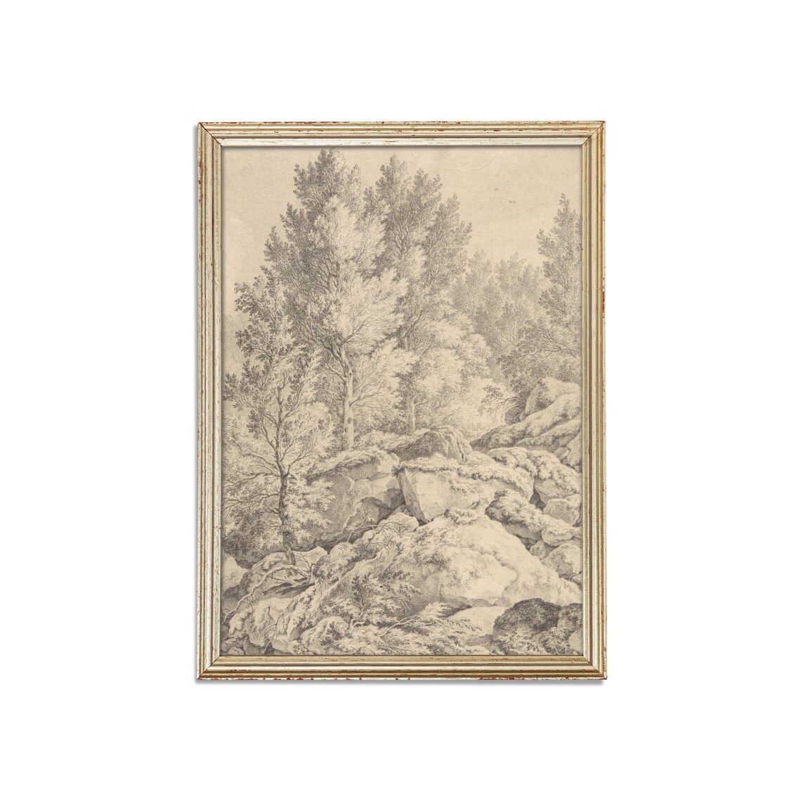 Rocky Woodland Hill Antique Pencil Sketch Neutral Art Poster - Image 3