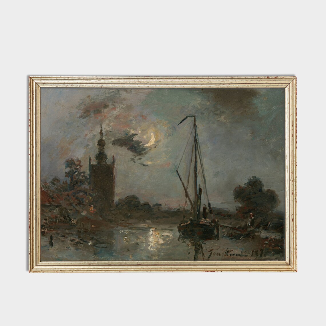 Moonlit Harbor with Crescent Moon Vintage Night Seascape Oil Poster - Image 2
