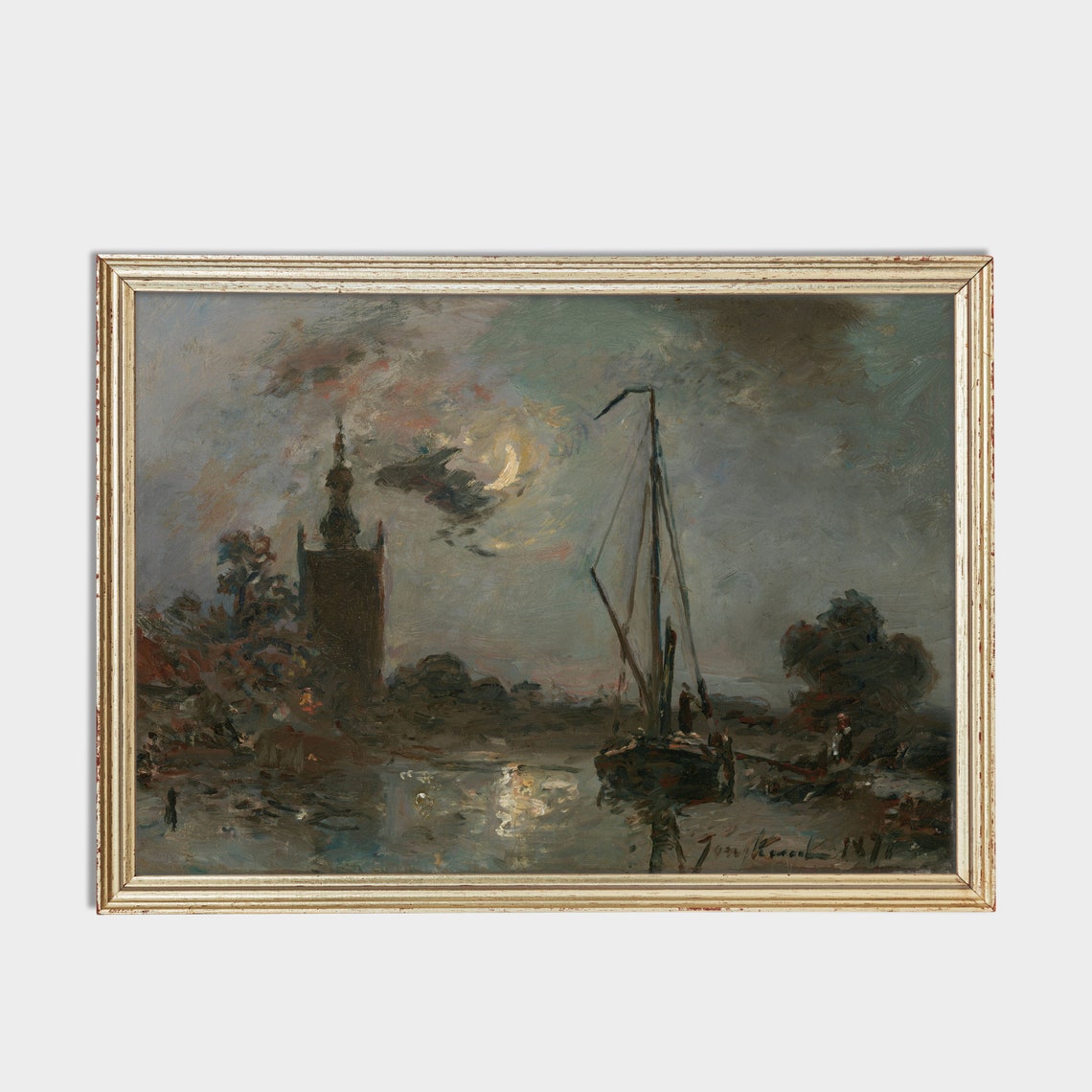 Vintage Sailing Ship Painting Antique Nautical Decor Moonlight Boat Print Wall Art Moody Rustic Art - Image 2