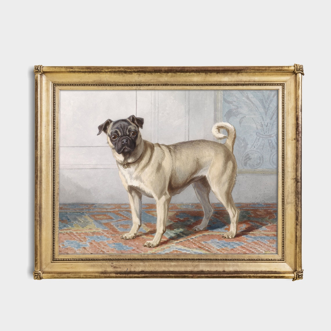 Pug Dog Standing on a Patterned Rug Antique Pet Portrait Poster - Image 4