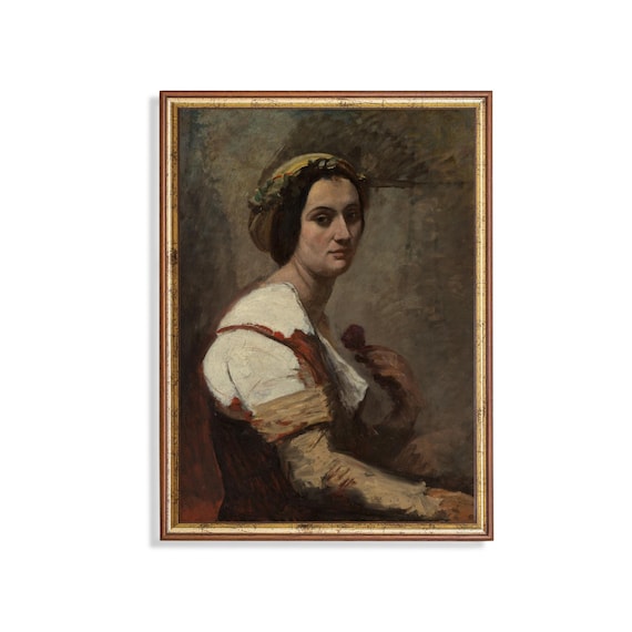 Italian Woman Flower Headpiece Rustic Vintage Portrait Art Poster