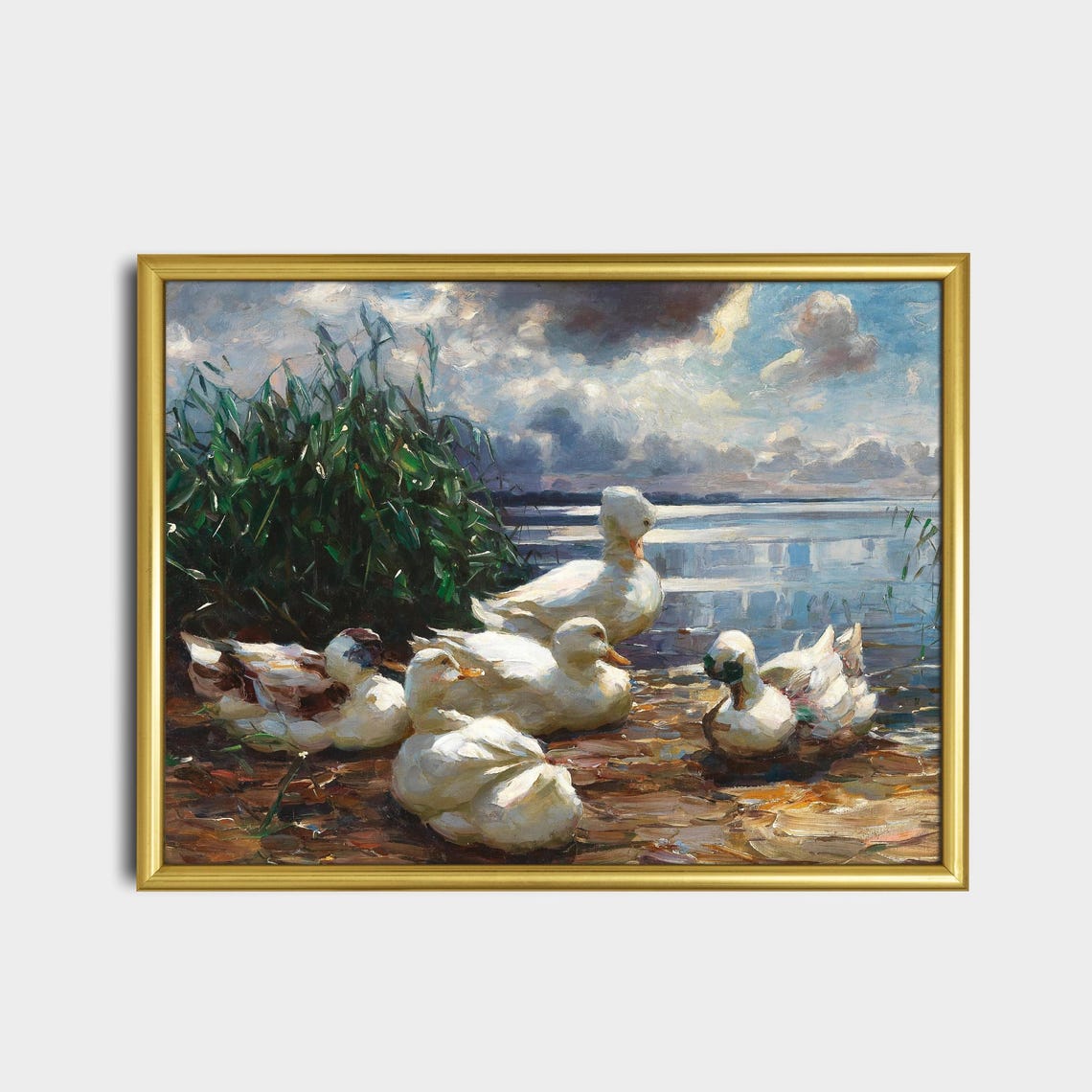 A Flock of White Ducks at the Water's Edge Vintage Bird Poster - Image 2