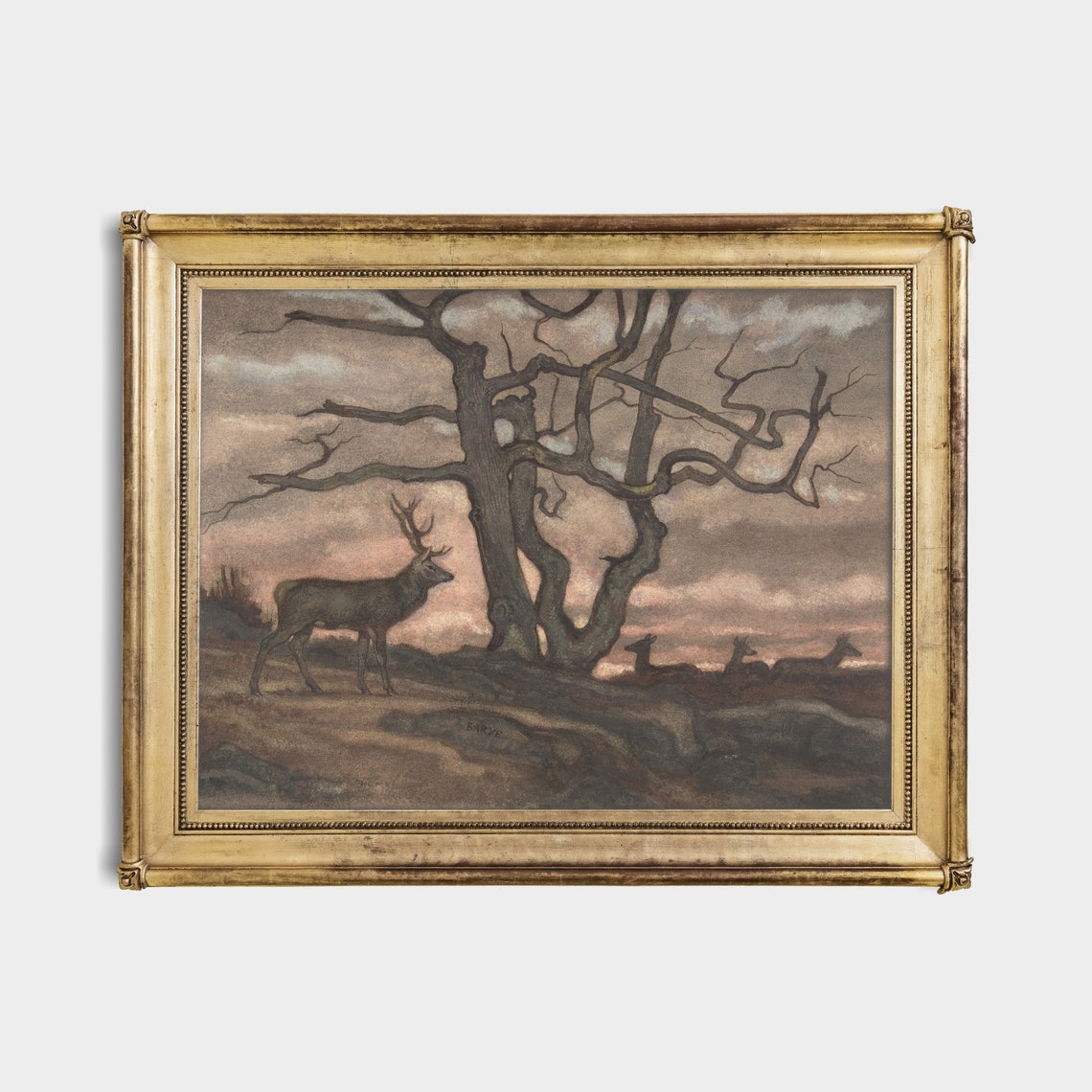 Stag By Gnarled Tree At Dusk Vintage Rustic Deer Painting Poster - Image 3
