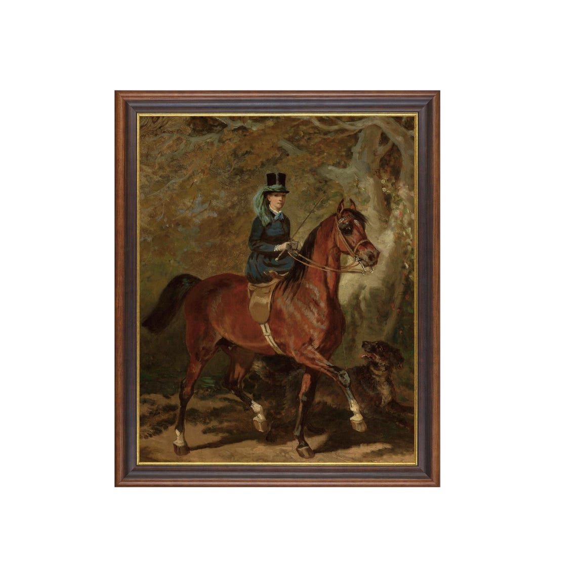 Victorian Rider in Top Hat on a Chestnut Horse with Dog Poster