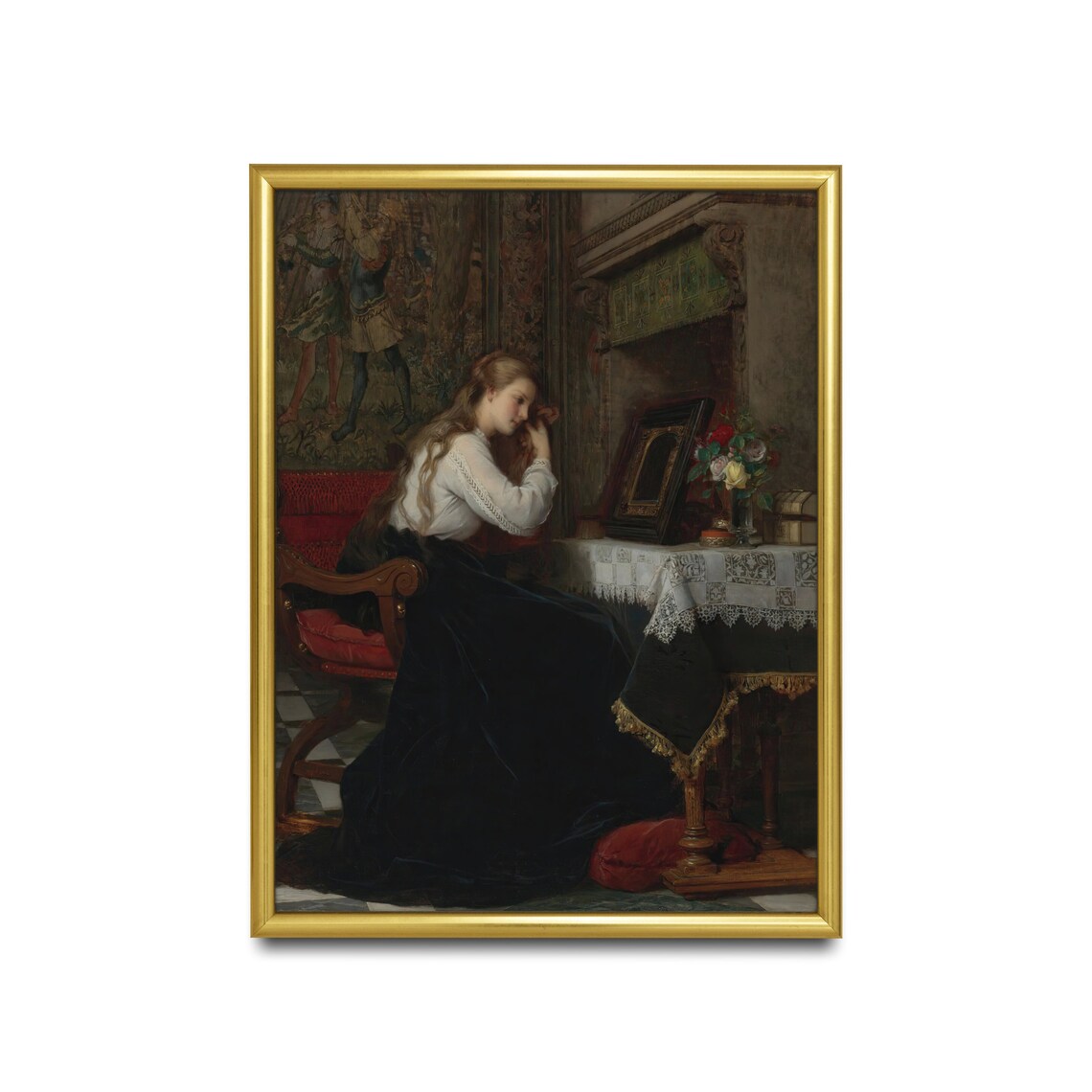 Lady at Her Vanity Table Before a Mirror Victorian Interior Painting Poster - Image 2