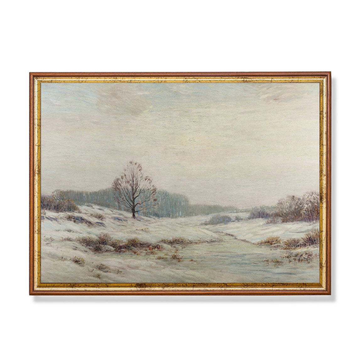 Lone Bare Tree in a Misty Winter Field Pastel Landscape Poster