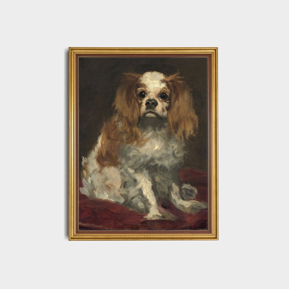 Spaniel Puppy on a Red Cushion Antique Dog Oil Portrait Poster - Image 3