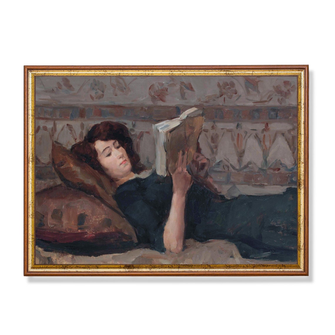 Woman Reclining on Sofa Reading a Book Vintage Literary Poster