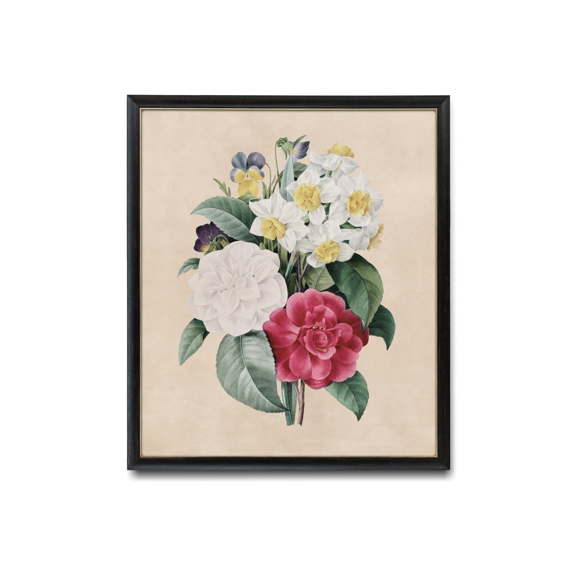 Daffodils Camellias And Pansies Vintage Flower Bouquet Poster - Image 2