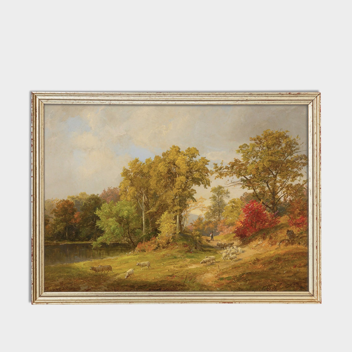 Autumn Lake Landscape With a Shepherd and His Sheep Flock Poster - Image 3