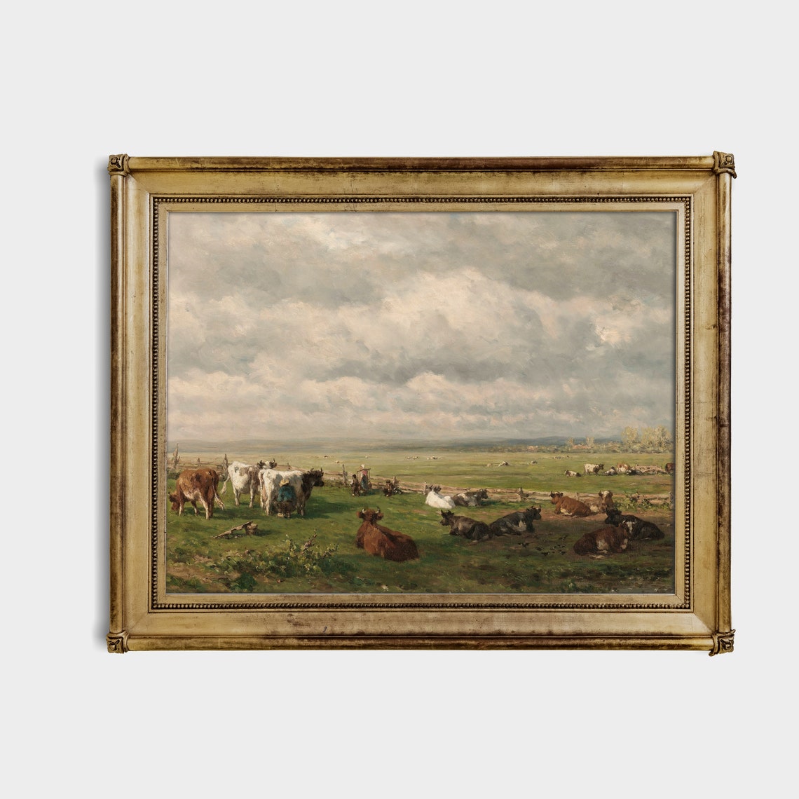 Cattle Herd Resting Across a Wide Cloudy Green Meadow Poster - Image 2