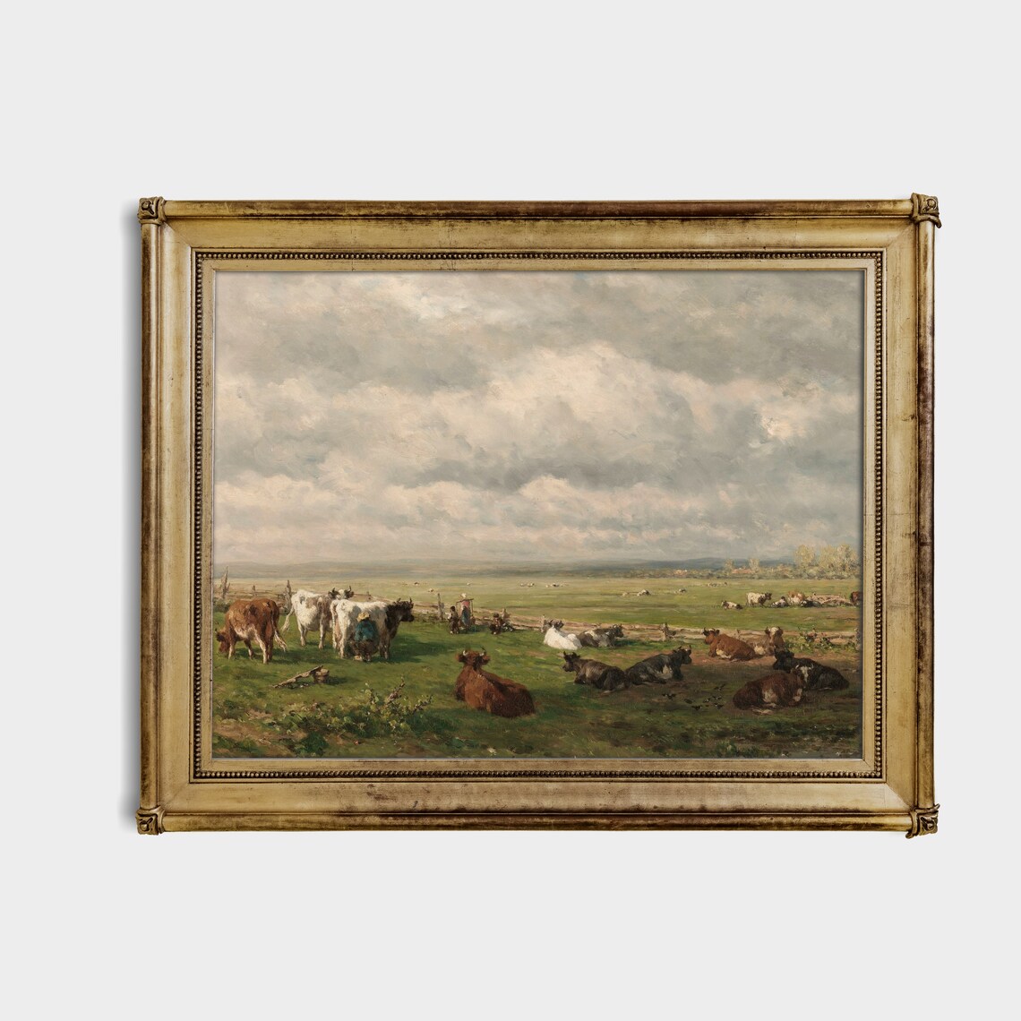 Cows in Meadow Vintage Landscape Oil Painting Print - Image 2