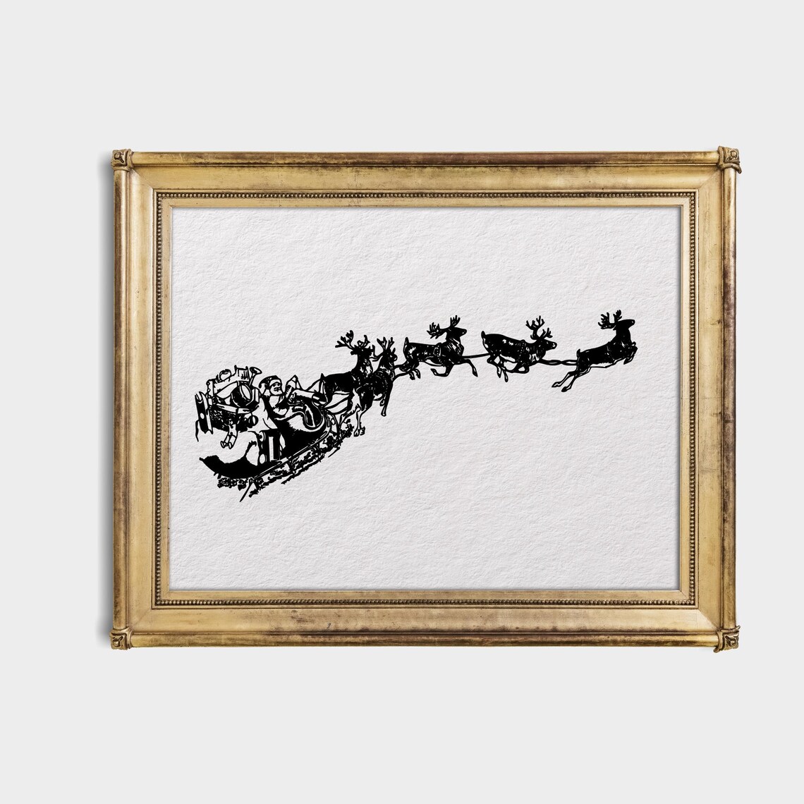 Santa Sleigh Reindeer Silhouette Black Ink Christmas Art Poster - Image 4