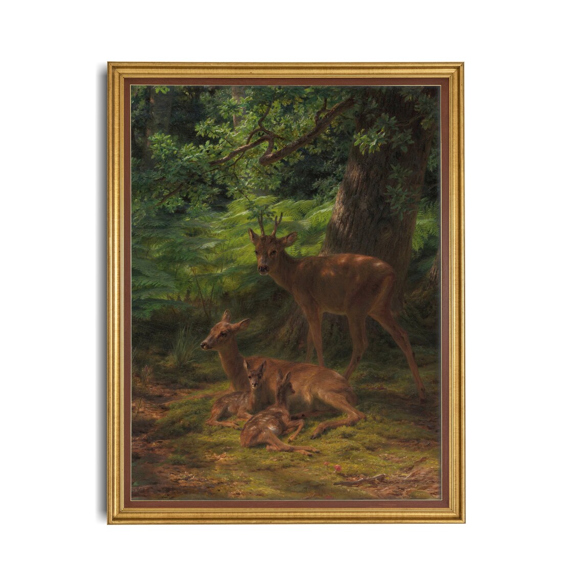 Buck Doe and Fawn in a Sunlit Forest Vintage Wildlife Poster - Image 3