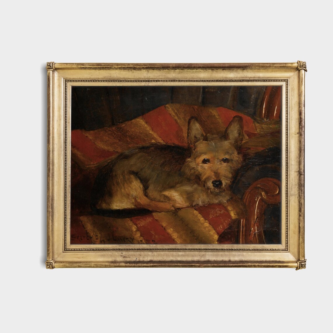 Scruffy Terrier Resting on Armchair Vintage Oil Painting Poster - Image 4