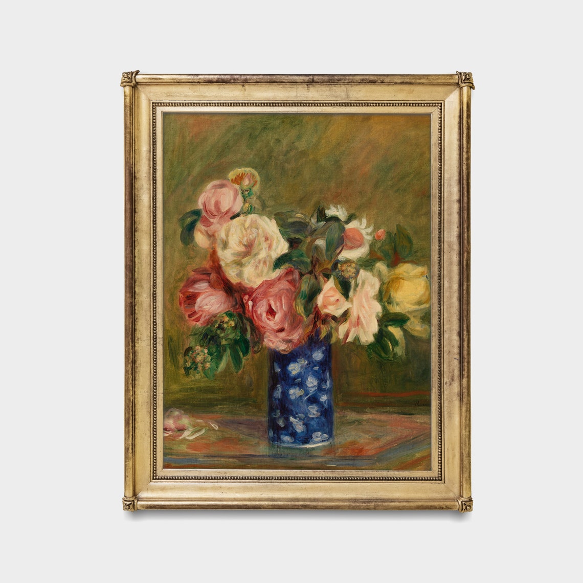 Pink Roses Blue Patterned Vase Impressionist Vintage Floral Art Poster - Image 3