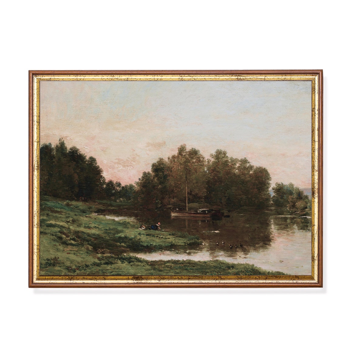 River Boats at Dusk Among Trees Moody Evening Landscape Art Poster