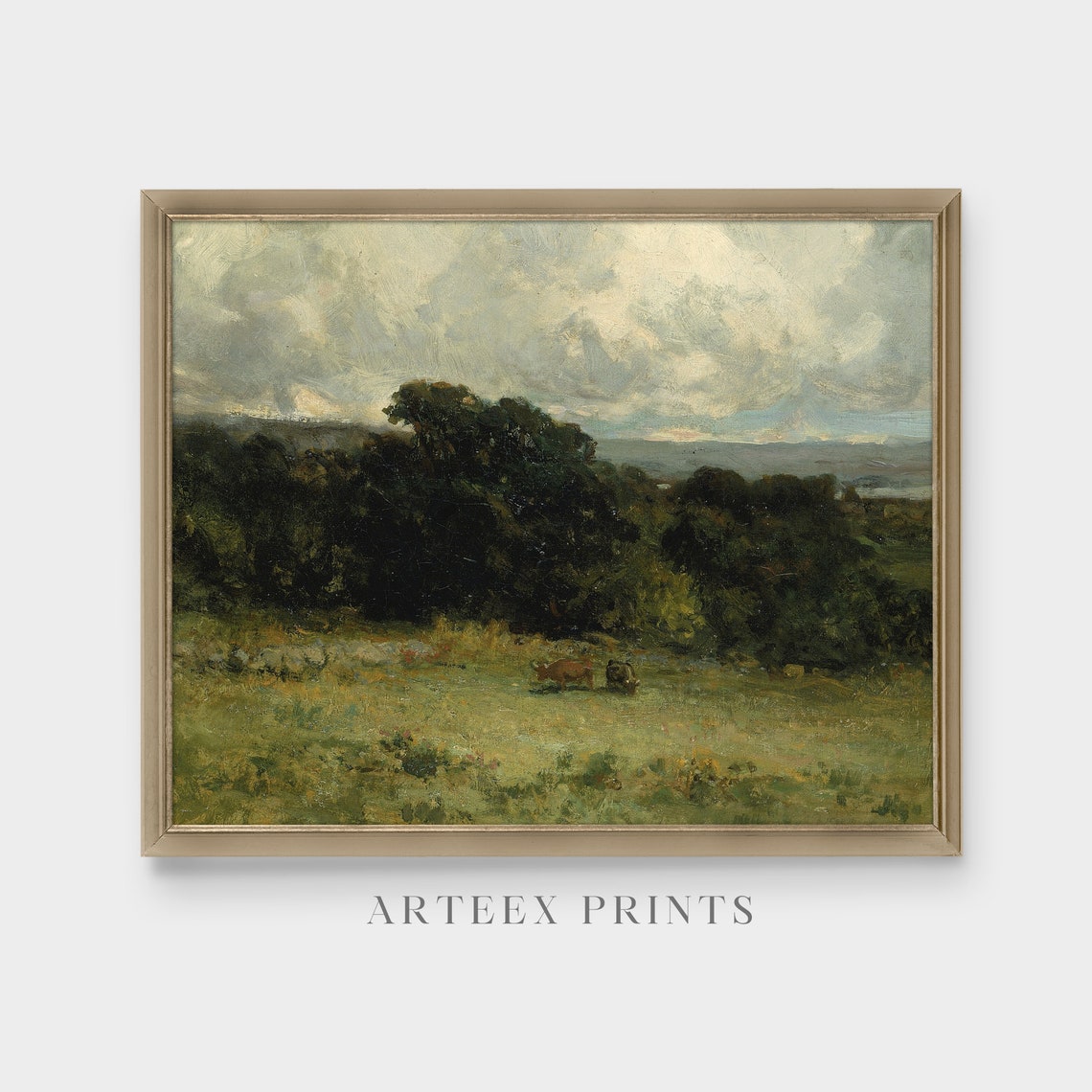 Cows Grazing in Wide Meadow Under Cloudy Sky Vintage Landscape Poster - Image 5