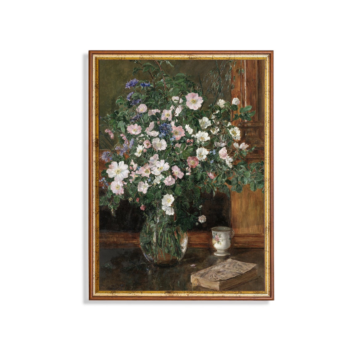 Wildflower Bouquet in Glass Vase with Antique Book Vintage Poster