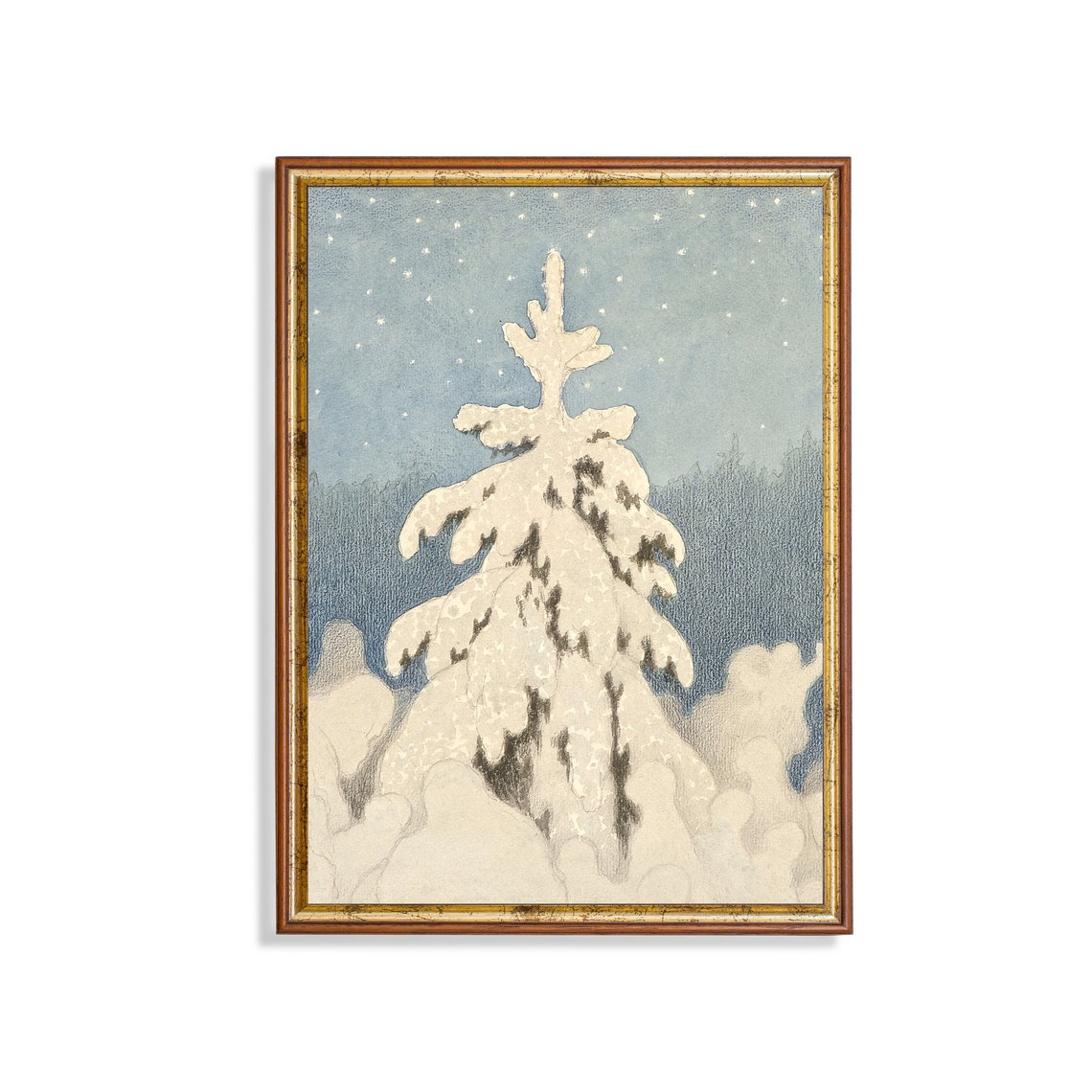 Snow Laden Spruce Tree Under a Starry Blue Winter Sky Poster