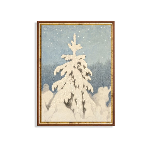 Christmas Tree Snow Vintage Prints Winter Antique Art Print Vertical Wall Art Rustic Moody Art Oil Painting Print