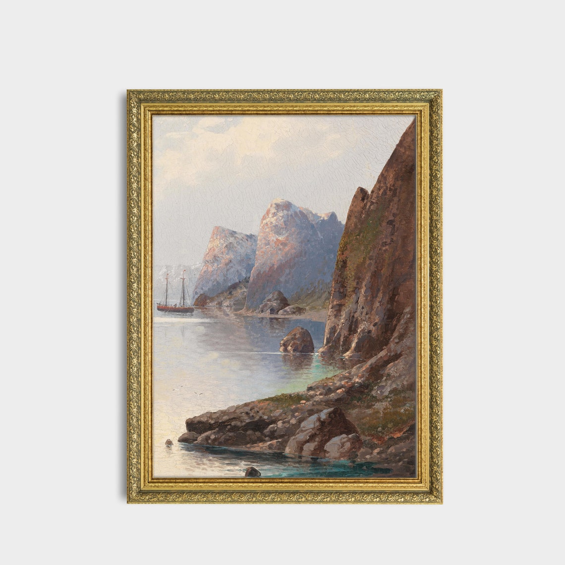 Rocky Fjord Coast Painting Sailboat Vintage Coastal Wall Art - Image 3