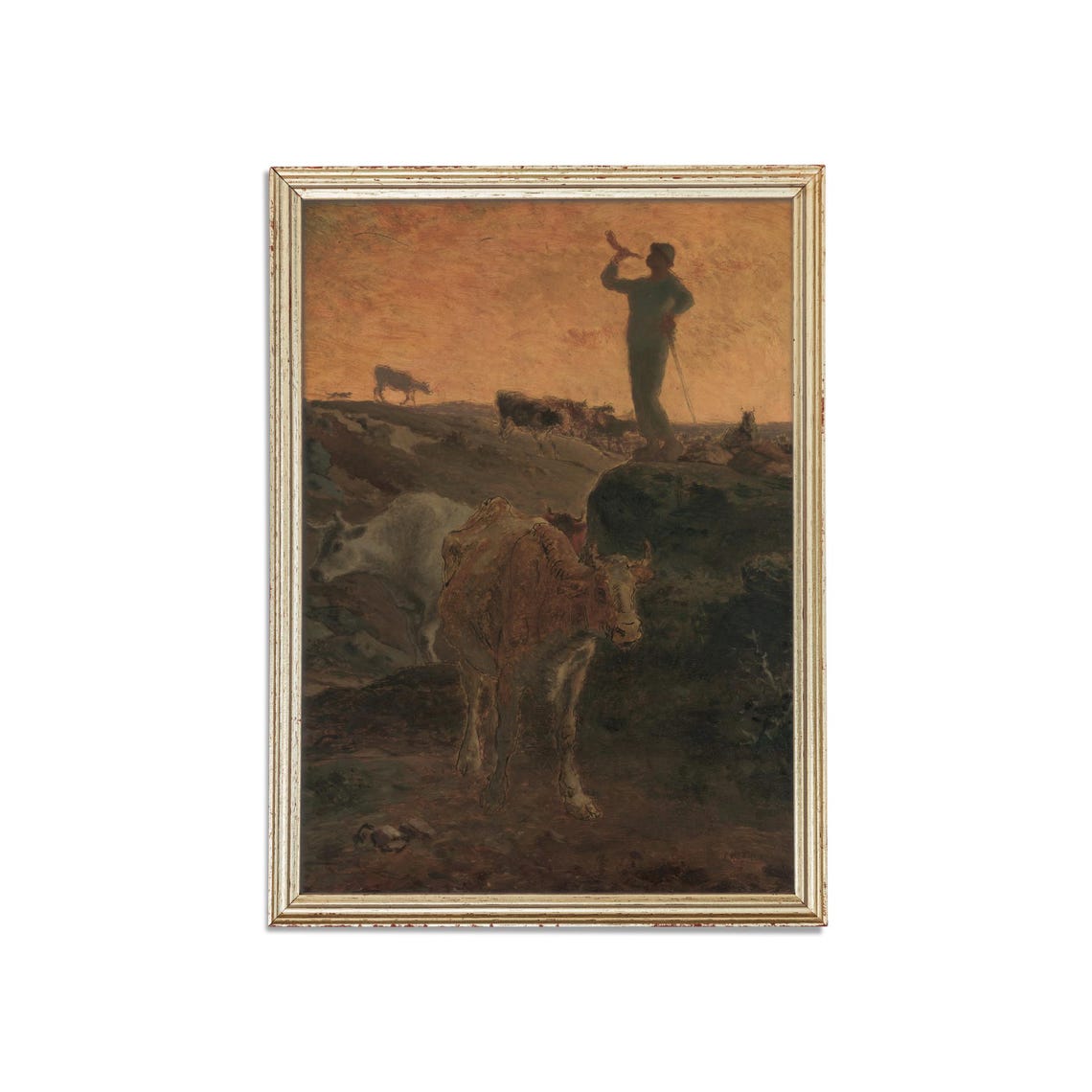 Herdsman Sounding His Horn Calling the Cows Home at Sunset Poster - Image 3