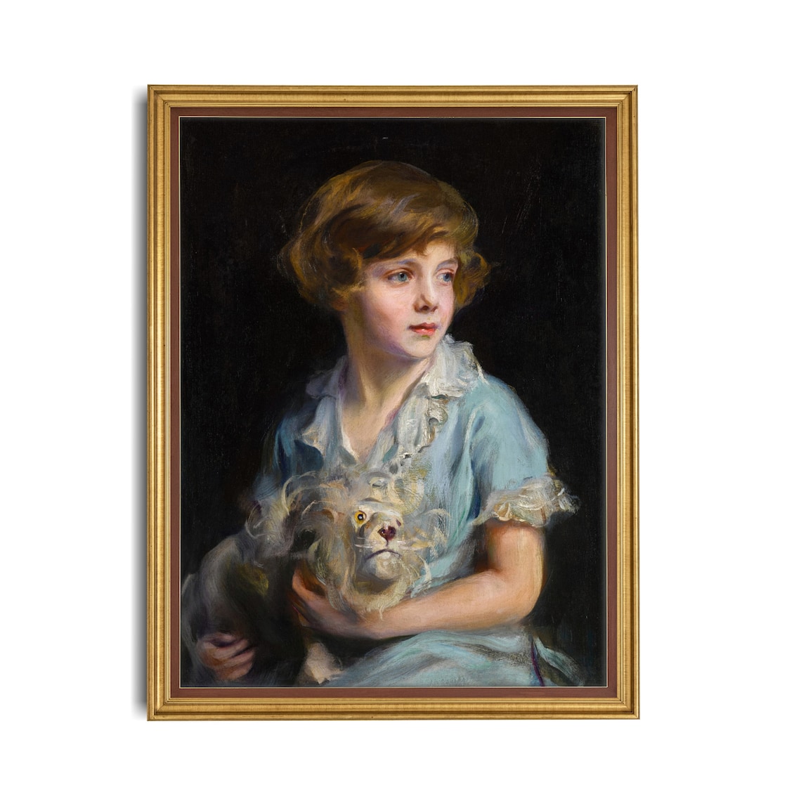 Portrait of a Child in Blue Holding a Small Dog Painting Poster - Image 3