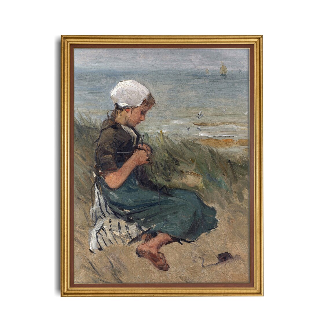 Young Girl Knitting by the Sea Shore Vintage Beach Portrait Poster - Image 2