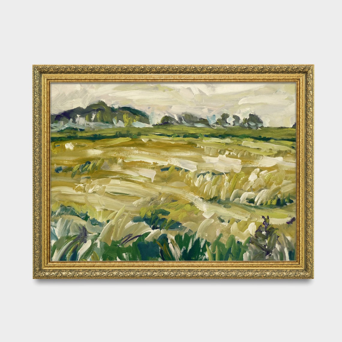 Golden Marsh Meadows Green Treeline Impressionist Landscape Poster - Image 2