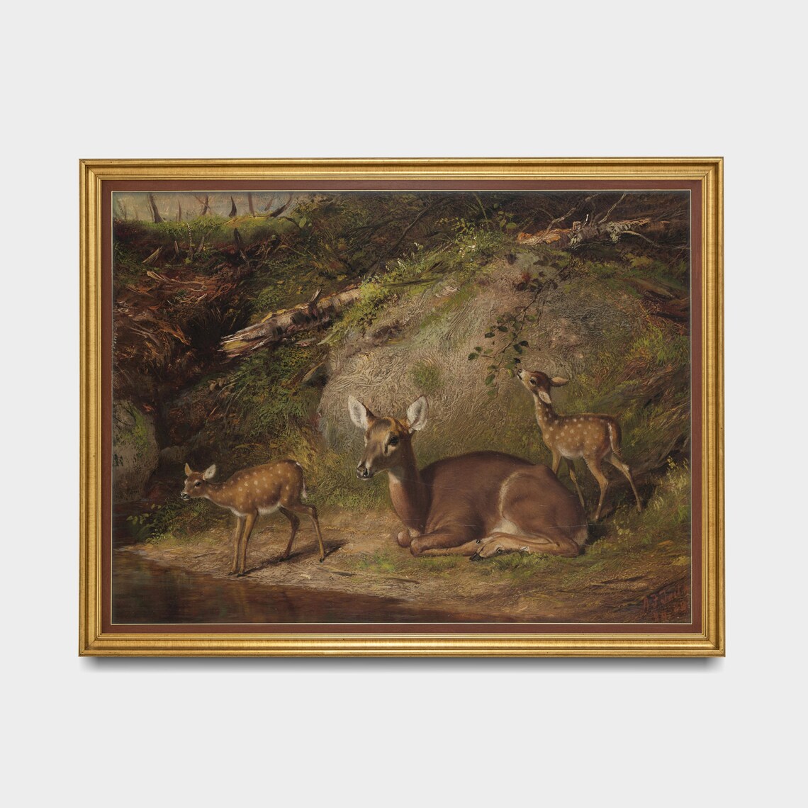 Doe With Two Fawns by a Woodland Stream Antique Deer Painting Poster - Image 3
