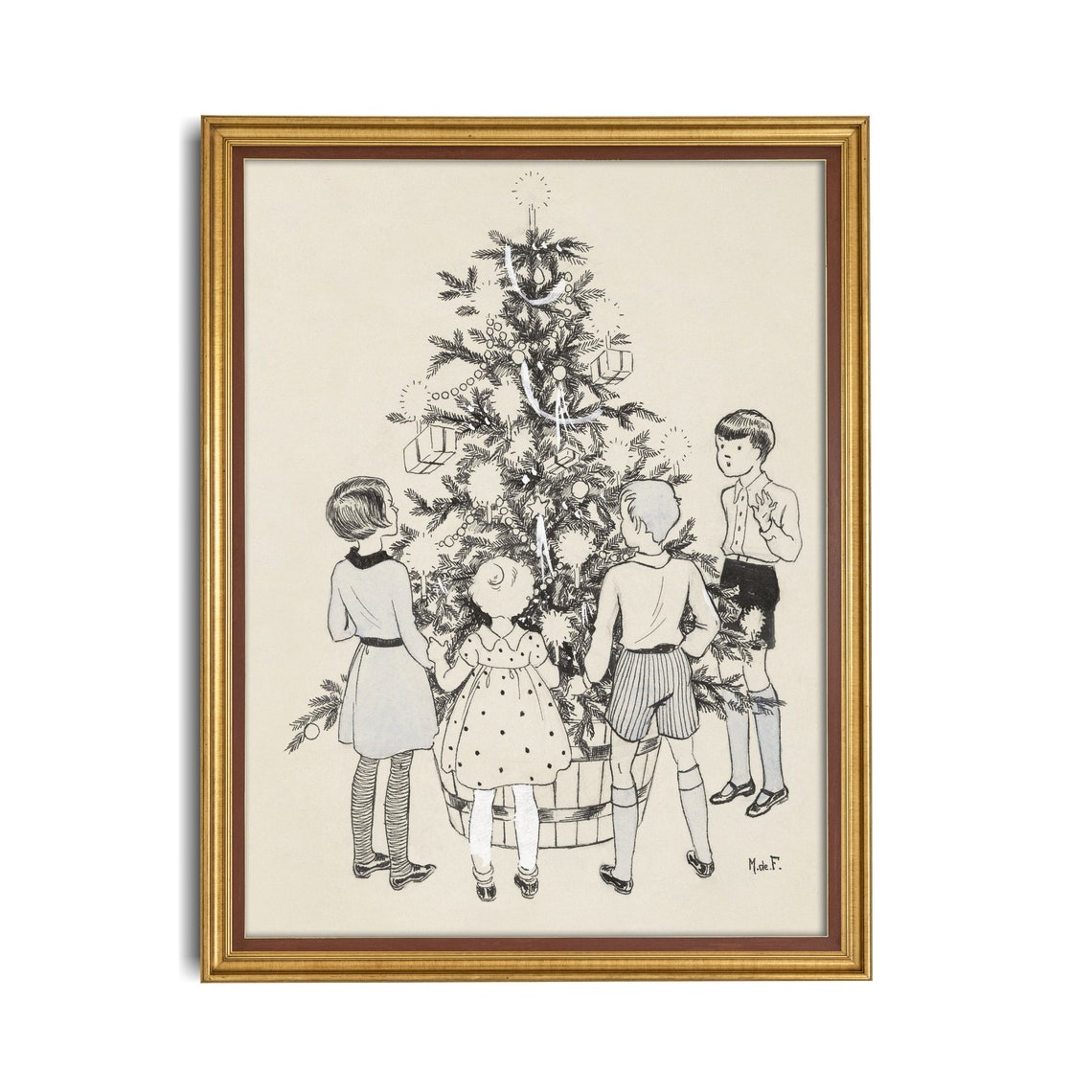 Children Around Christmas Tree Vintage Sketch Drawing Poster - Image 2