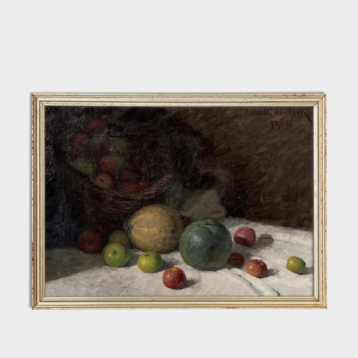 Vintage Fruit Still Life Apples Melons Basket Dark Moody Art Poster - Image 3