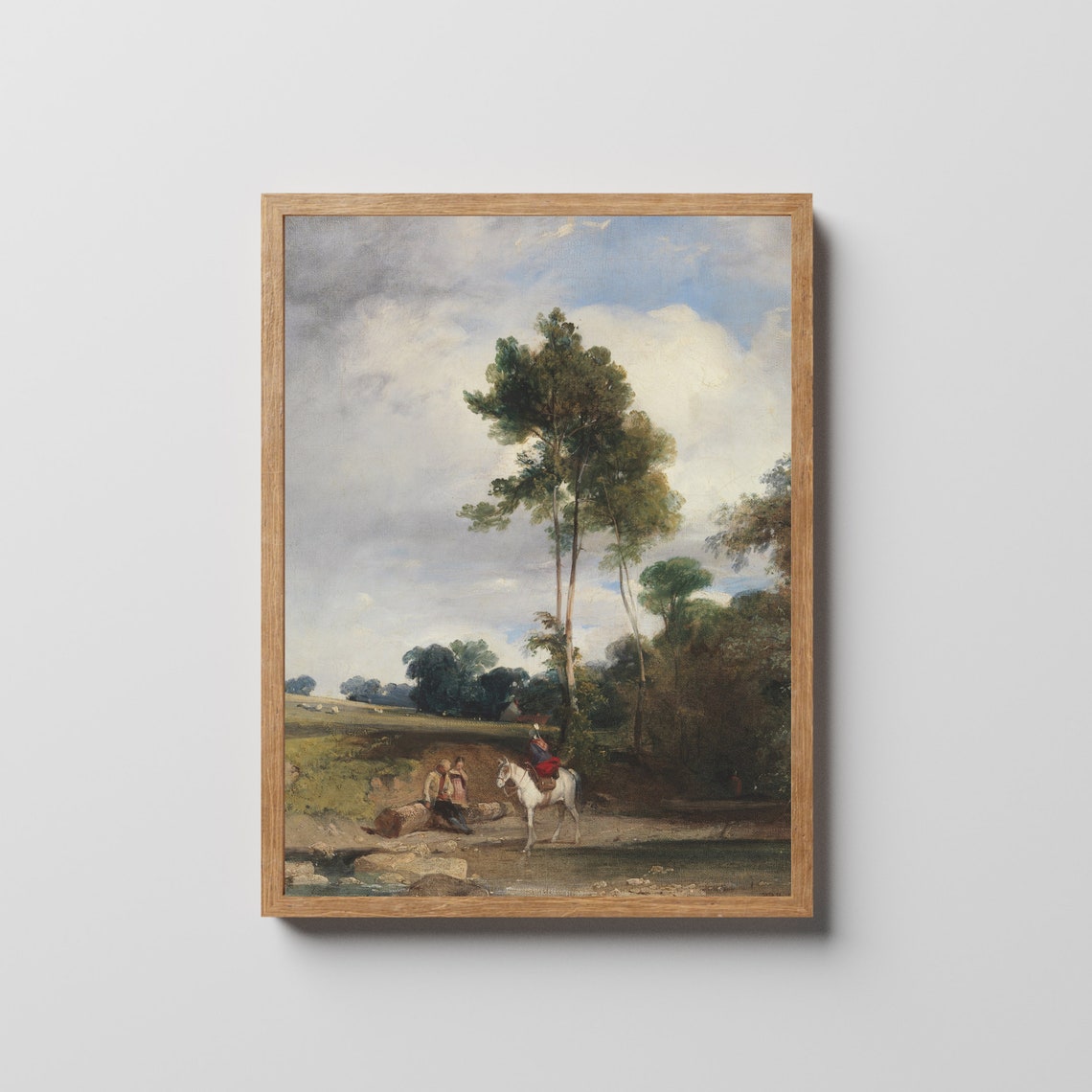Horse Rider Crossing Stream Under Towering Trees Painting Poster - Image 3