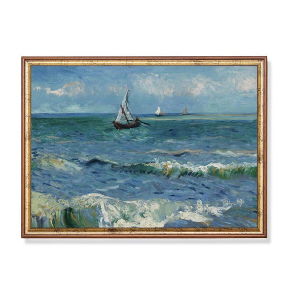 Printed And Shipped Vintage Seascape Painting Antique Ocean Beach Print Coastal Decor Rustic Moody Wall Art Physical Prints