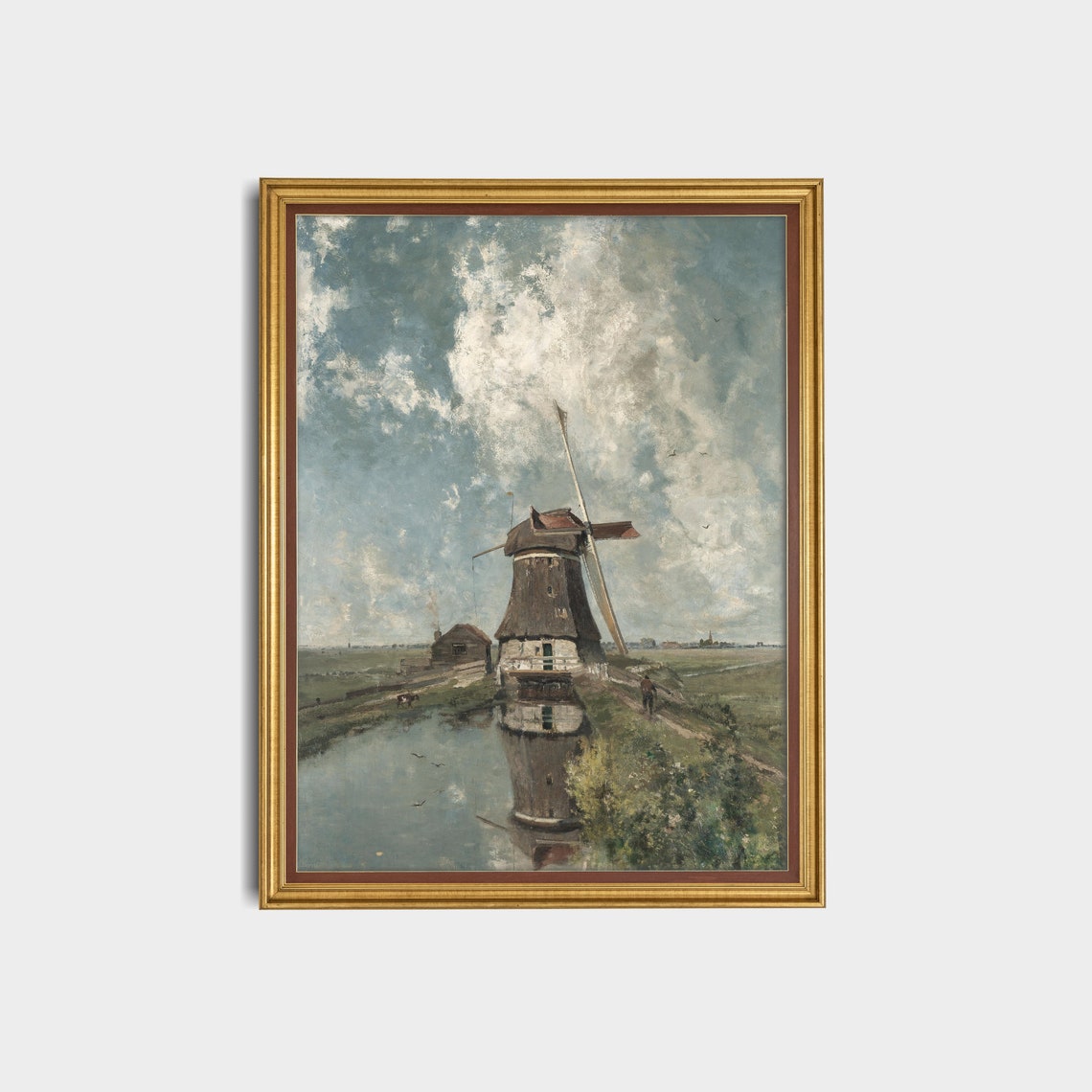 Old Dutch Windmill Reflected in a Still Canal Antique Landscape Poster - Image 3