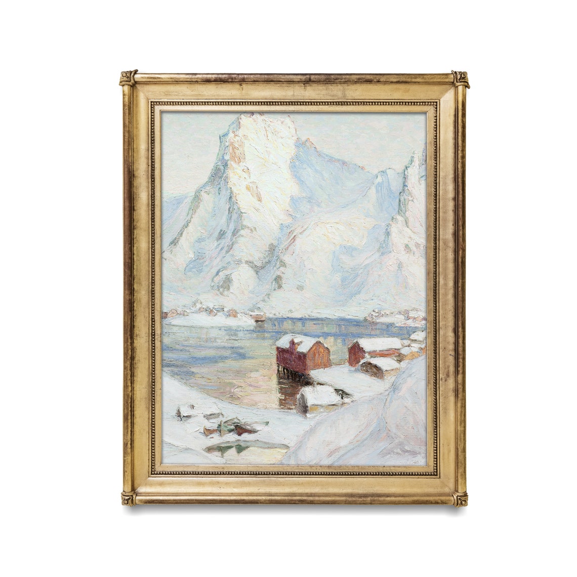 Snowy Mountain Village with Red Cabins by Water Vintage Winter Poster - Image 2